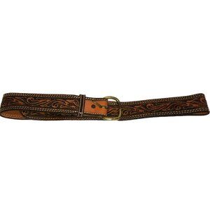 Vintage Big John Belt Tooled Full Grain Brown Saddle Leather Brass Buckle Sz 36